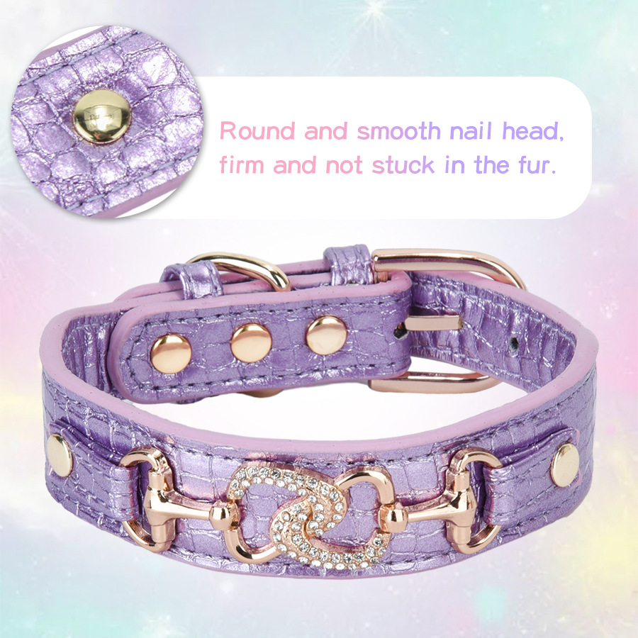 Luxury Unique Material Sparkle PU Leather Dog Collar, Adjustable Puppy Cat Collar with Rhinestone Heart Decoration for Small Medium Dogs S B118