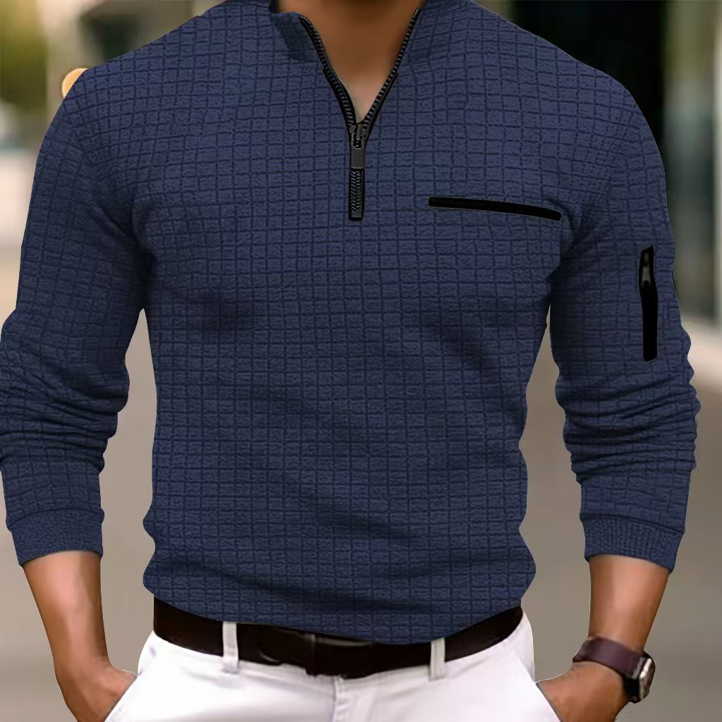 Men's Sporty Checkered Polo Sweatshirts: Unique Arm Zipper Element