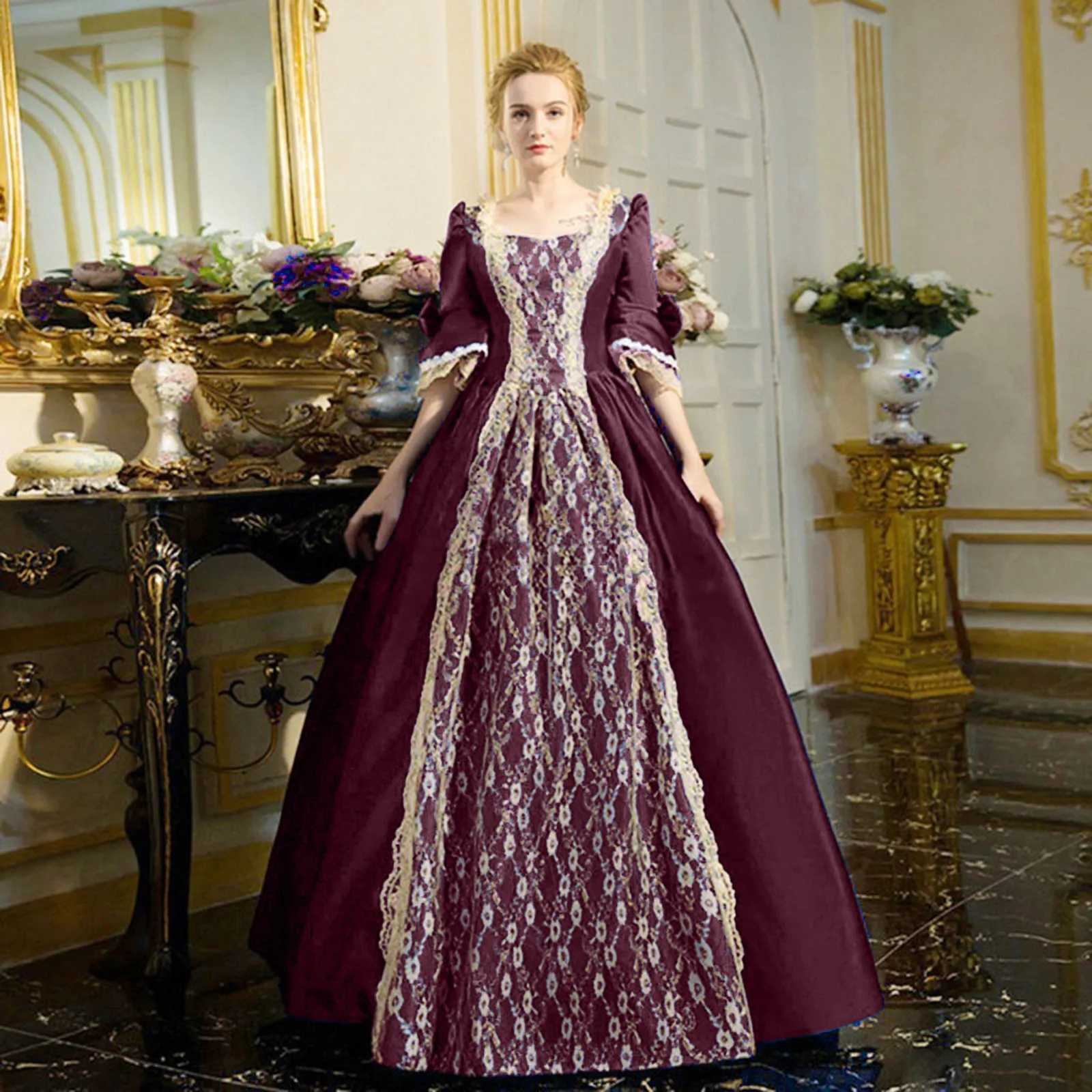 Princess Queen Elegant Ball Party Formal Maxi Dress Medieval Lace Splicing Square Collar Renaissance Victorian VESTidos M250522