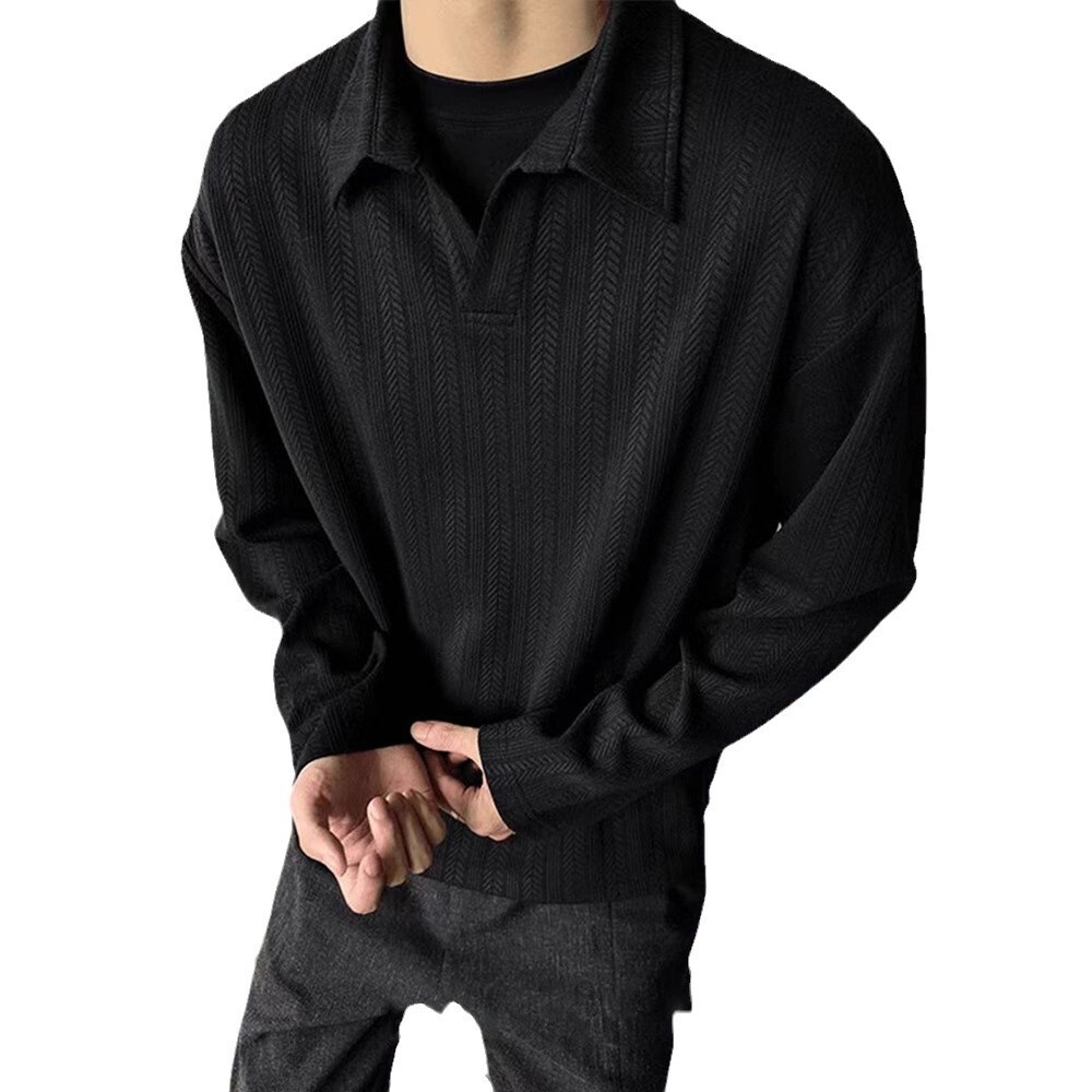 Black cleanfit wheat stripe V-neck sweatshirt for men in spring, autumn, winter, American style shirt long sleeves and lazy style, paired with Polo in
