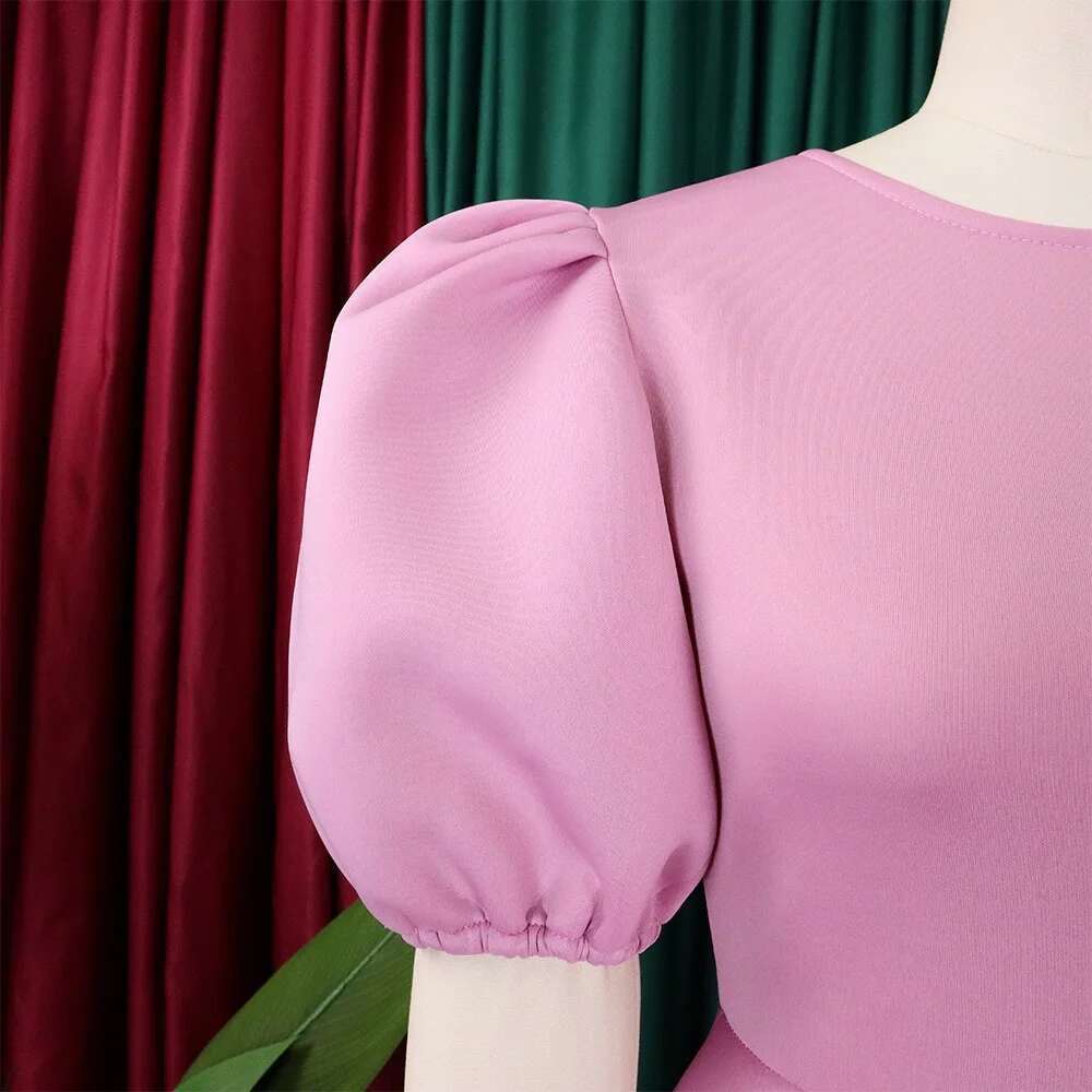 Elegant Dresses For Woman 2024 O Neck Short Sleeve High Waisted Pleated Mid Calf Female Birthday Party Dinner Vestidos