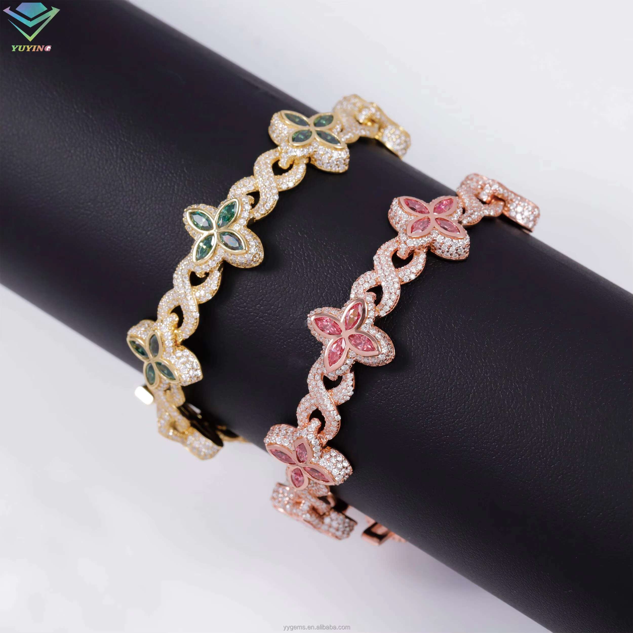 Cuban Jewelry S925 Sterling Silver Gold Clover Pink Green Blue Diamond Cuban Hip Hop Moissanite Bracelet with GRA Certificate