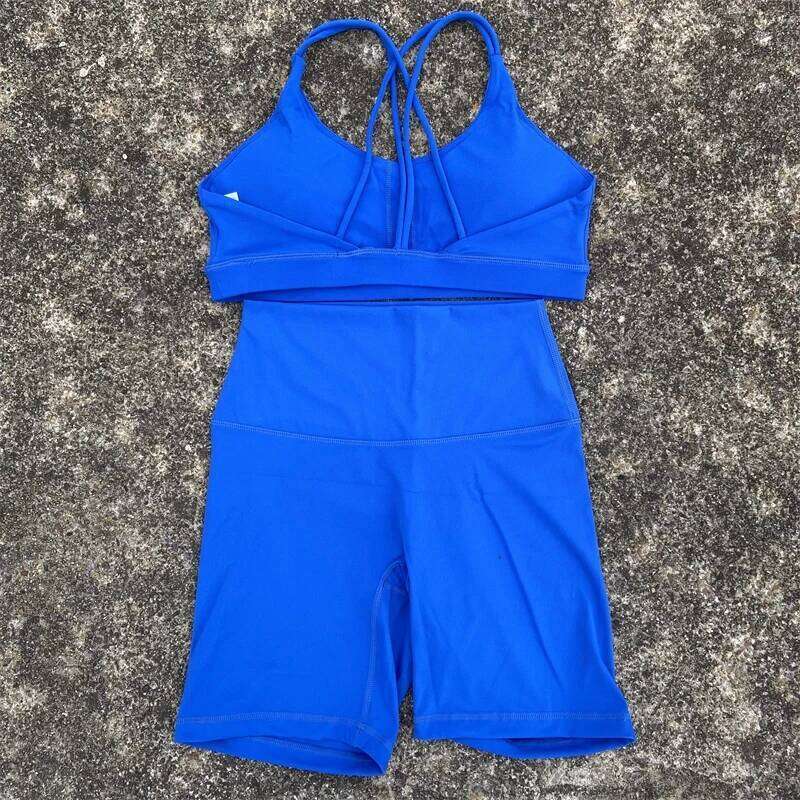 Solid Color Soft Women Yoga Cycling Set Cross Back Gym Bra+High Waist Short Leggings High impact shockproof Sportwear