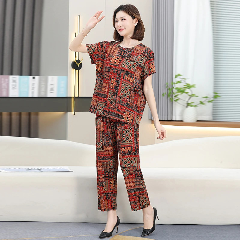 Geometric Rhythm Lounge Set CottonBlend Versatile Comfort Tshirts Pants Natural Aesthetic Plus Size 2025 Summer Loose Suit 250516Z