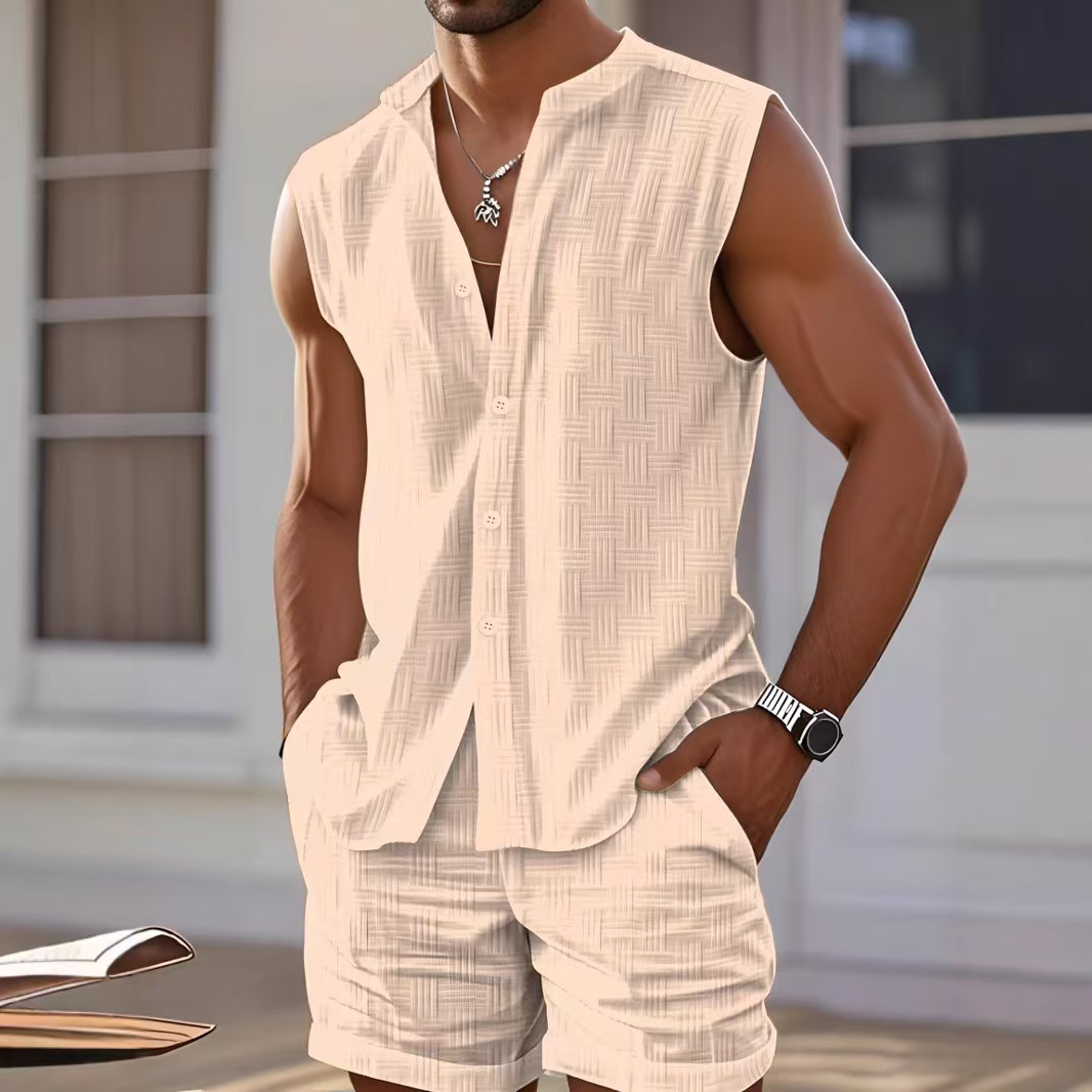 Men's Fashion Beach Outfit Set: Sleeveless Shirt & Relaxed Shorts - Trendy Summer Look