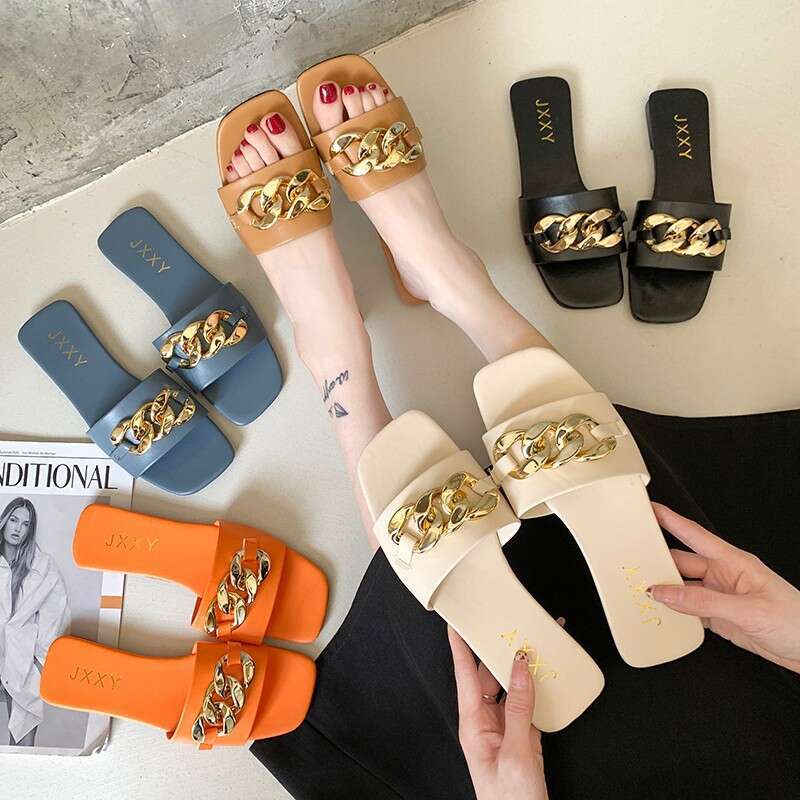 Korean Style Metal Buckle Flat Slippers For Spring 2025 Designer Sandals New Outdoor Beach Shoes, Casual Plus Size Women's Slippers