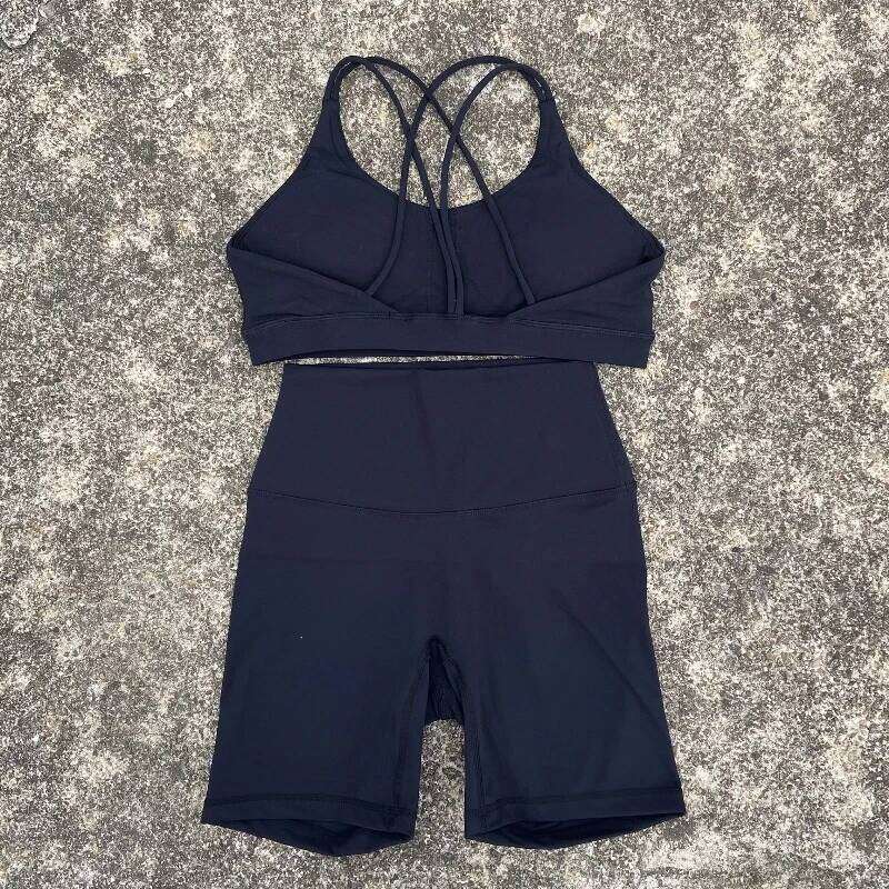 Solid Color Soft Women Yoga Cycling Set Cross Back Gym Bra+High Waist Short Leggings High impact shockproof Sportwear