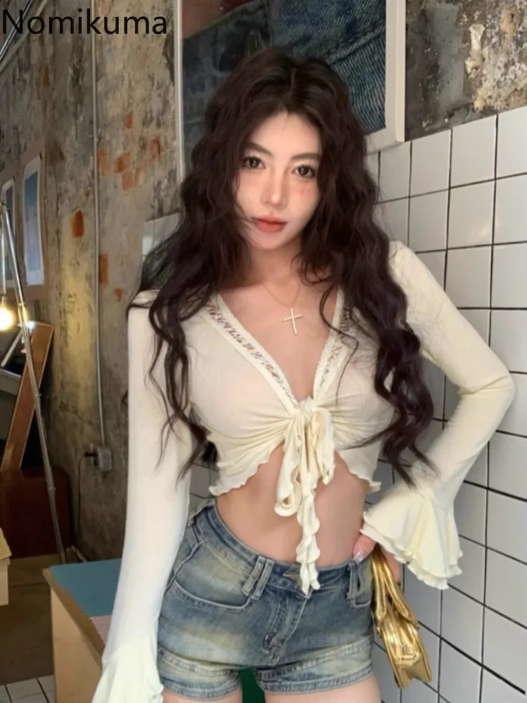 Deep V-neck Flare Sleeve Blouse Womens Clothing Bandage Tunic Sexy Crop Tops Camisas De Mujer Fashion Sweet Summer Shirts 250516