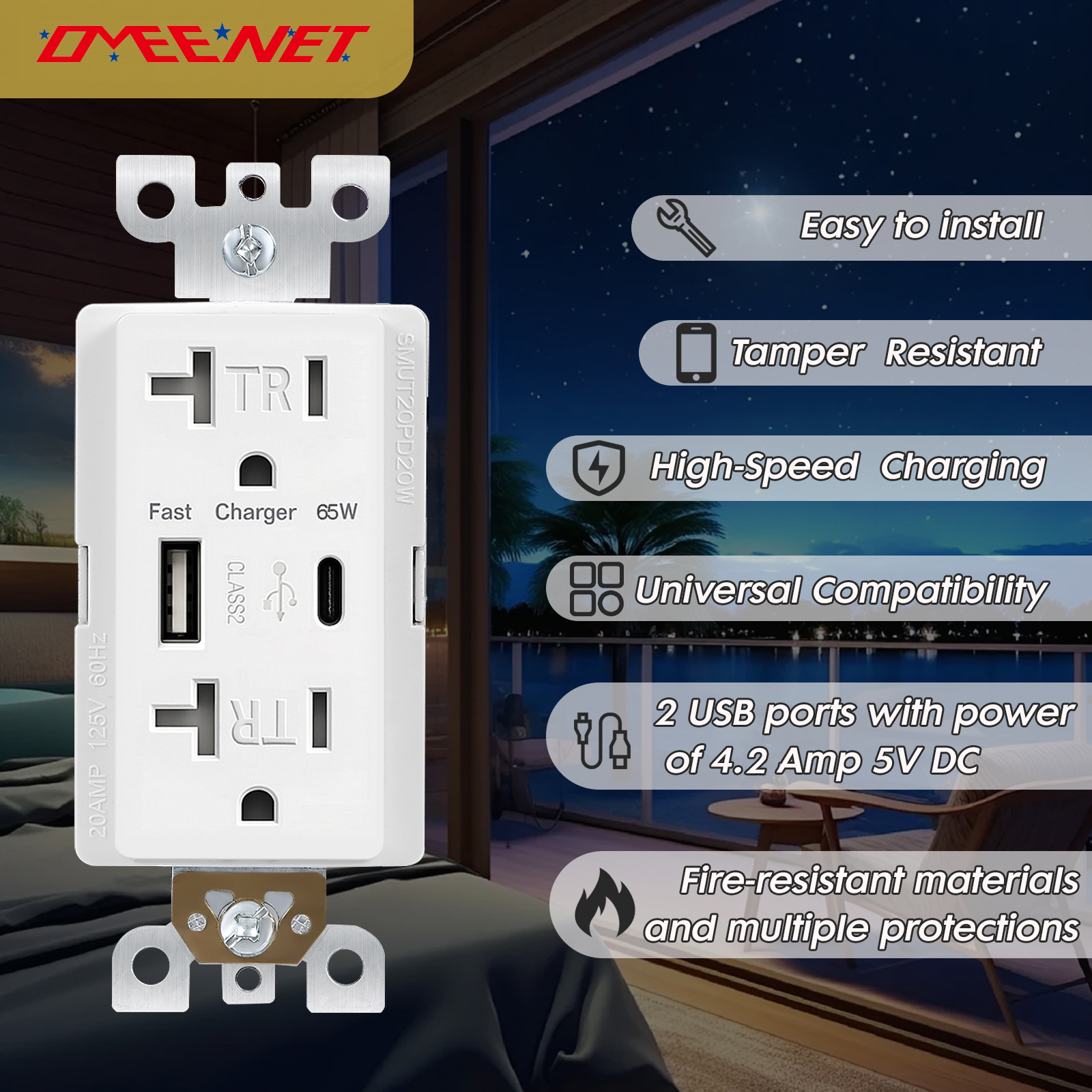 USB Wall Outlet with 65W Fast Charging, Type-C & Type-A Dual Ports USB Outlets, Tamper-Resistant USB Receptacle, 20A ETL Order inquiry back office