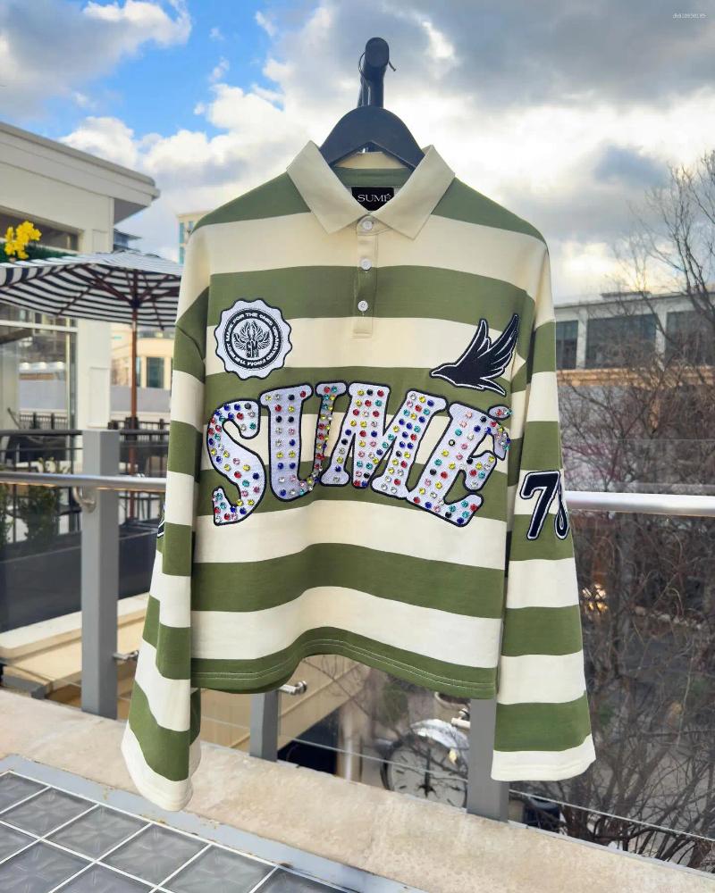 Men's Polos Sume Striped Shirts Men Women Hip Hop Rhinestone Print Y2k American Retro Street Style Polo Shirt Y2k Harajuku Fashion Long Sleeve T 