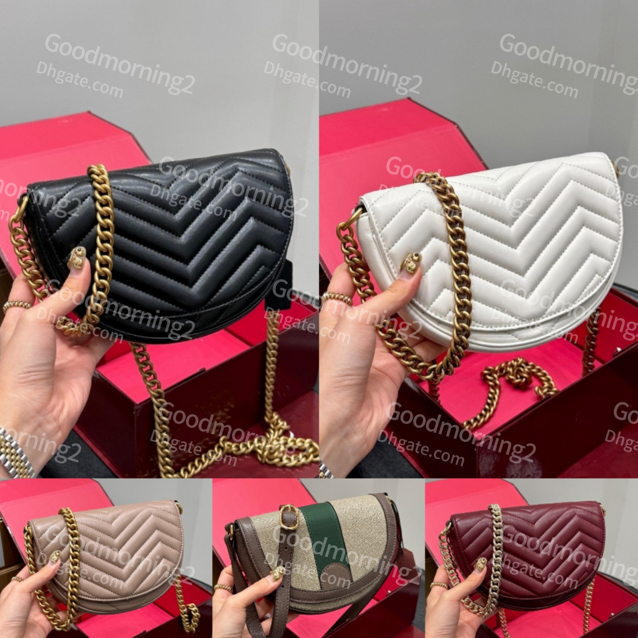 Fashion mini chain bag women shoulder bag cross body semi-circular cover buckle purses saddle bag V-shaped leather stitching pattern internal keychain design