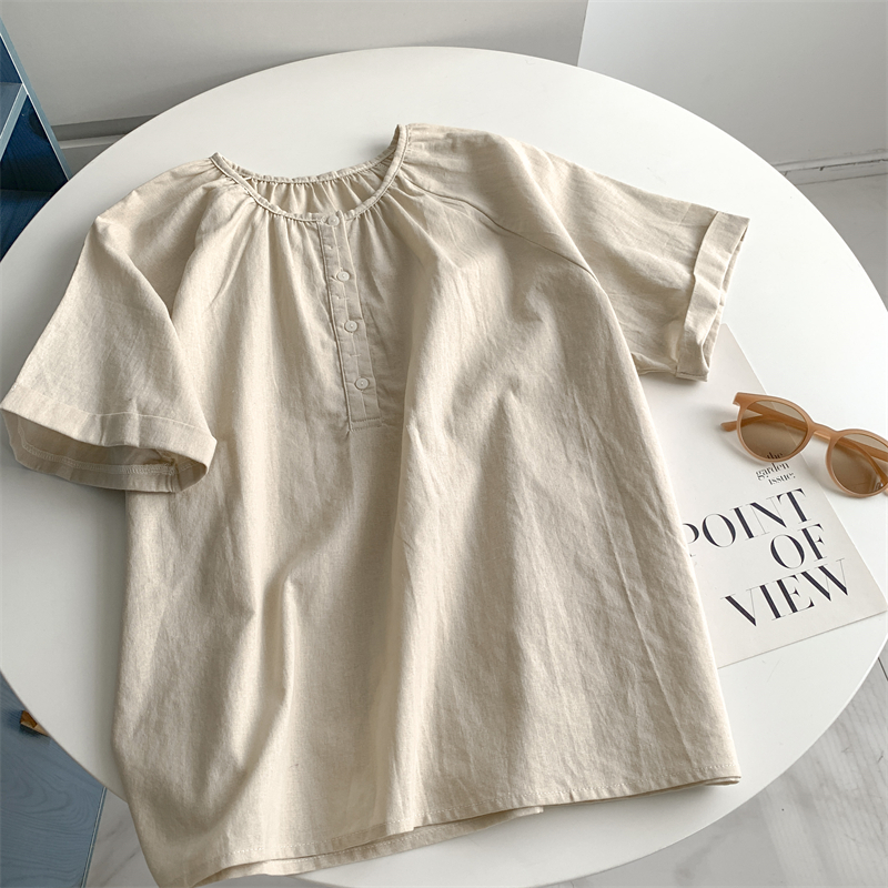 X1703 Linen cotton short-sleeved tops for women in summer, loose and gentle, showing skin tone and temperament, versatile sweatshirt