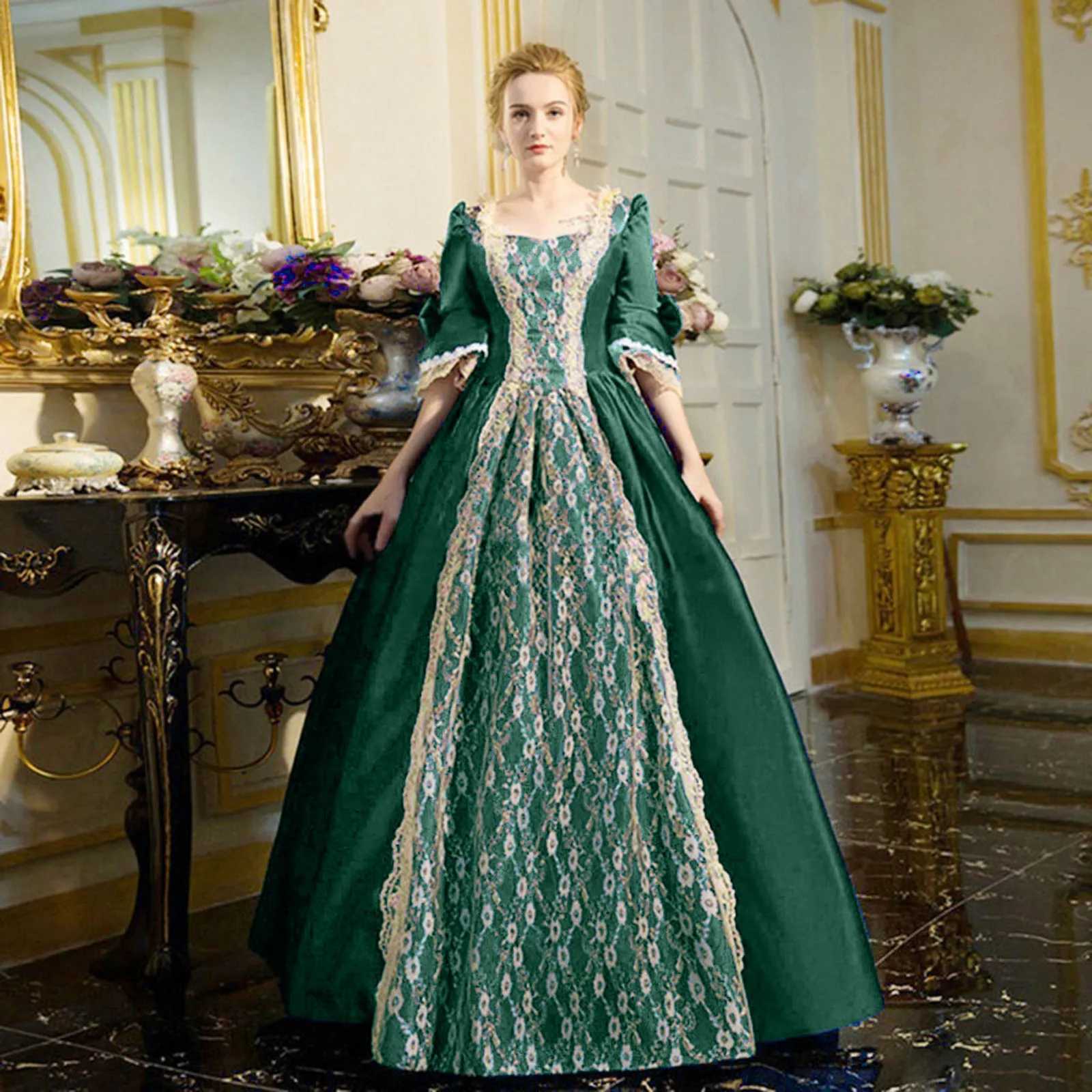 Princess Queen Elegant Ball Party Formal Maxi Dress Medieval Lace Splicing Square Collar Renaissance Victorian VESTidos M250522