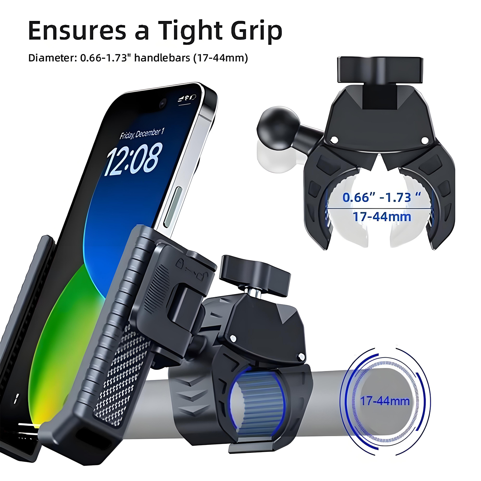 Bike Phone Mount Holder, Motorcycle Handlebar Clamp One-Hand Release & Quick Lock - 360 Degree Rotation Compatible with iPhone & Android Smartphones f