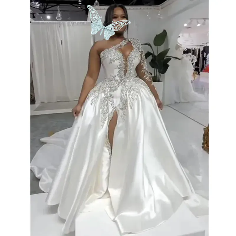 Sexy Beadings Long Sleeves Wedding Dresses African Black Girl A Line Side Split Bridal Gowns Aso Ebi Plus Size Robe de Mariee Plus Size