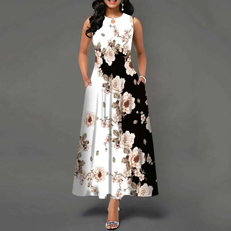 Summer European and American Sleeveless Long Dress Women Flower Print Large Swing Skirt Bohemian Retro Loose Long Skirt 250519