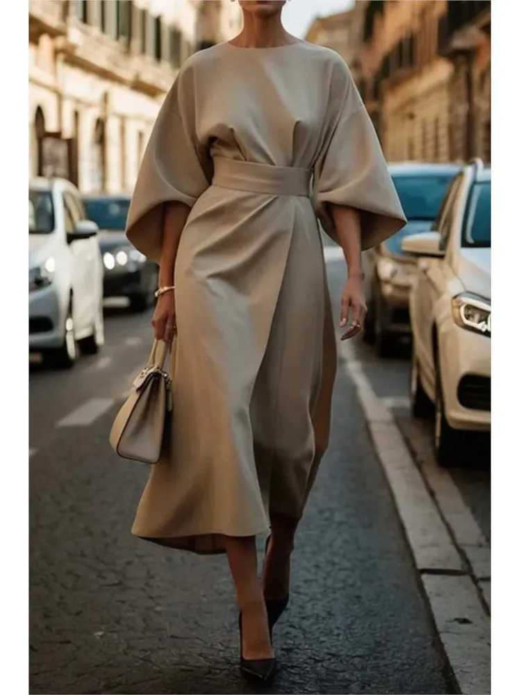 Elegant Solid Color Maxi - Round Neck, Long Sleeve High Waist Dress for Women's Fashion C260312