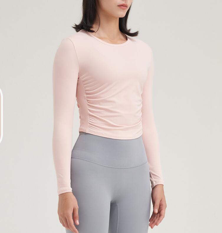 Side Waist Elastic Wrinkle Sports Long Sleeve Yoga Outfits Tops Slim Skin Nude Feeling Solid Color Casual Suit Shirt Gym Clothes Women