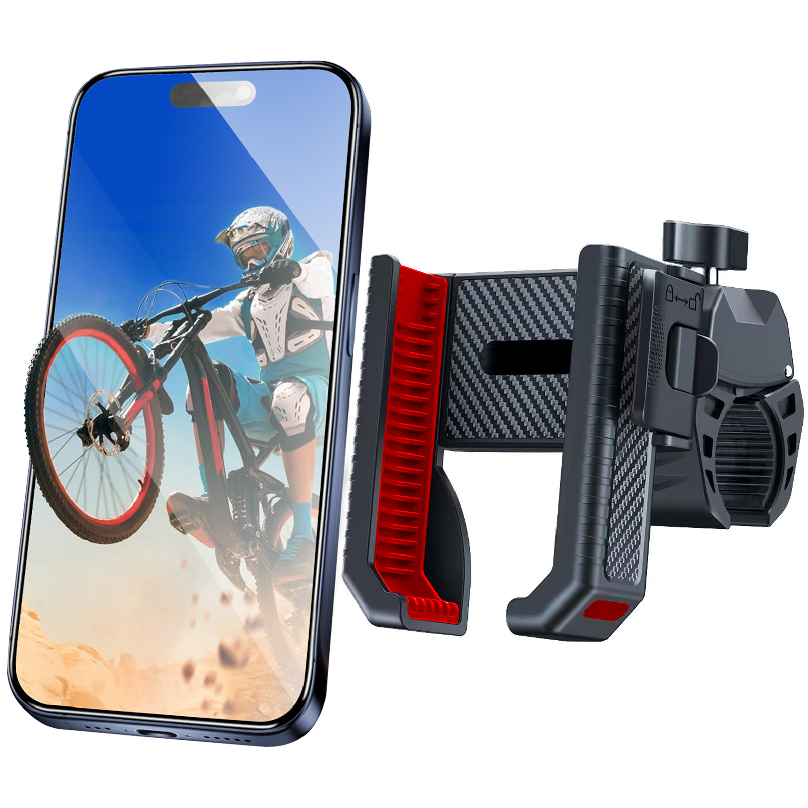 Bike Phone Mount Holder, Motorcycle Handlebar Clamp One-Hand Release & Quick Lock - 360 Degree Rotation Compatible with iPhone & Android Smartphones f