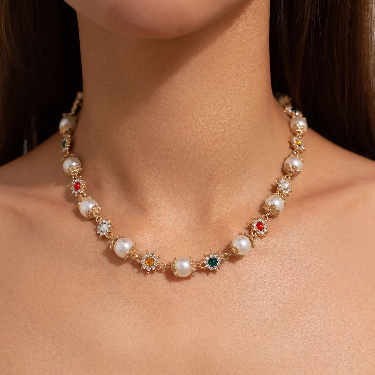 IngeSight.Z Trendy Pearl Rhinestone Flower Beads Choker Necklace Women Elegant Bridal Wedding Party Jewelry 250519