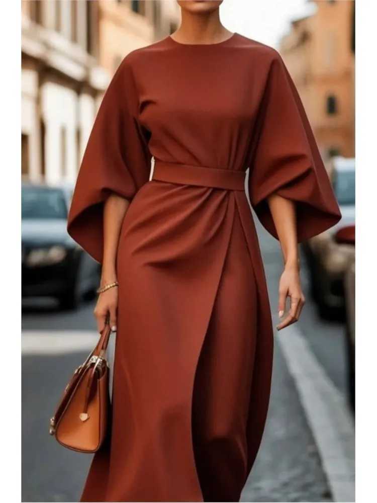 Elegant Solid Color Maxi - Round Neck, Long Sleeve High Waist Dress for Women's Fashion C260312