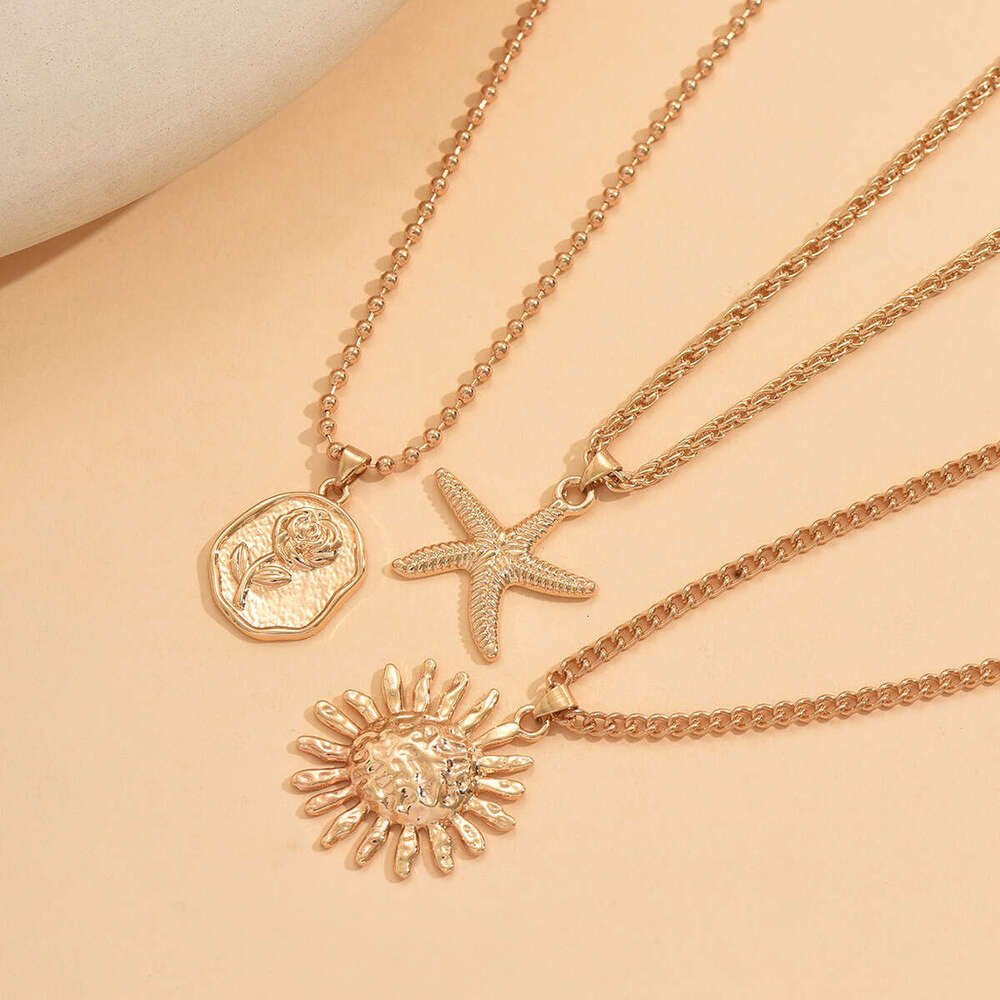Jewelry - Rose Flower Starfish Sun Zinc Alloy Pendant Necklace, Minimalist Versatile Cuban Chain Necklace for Women