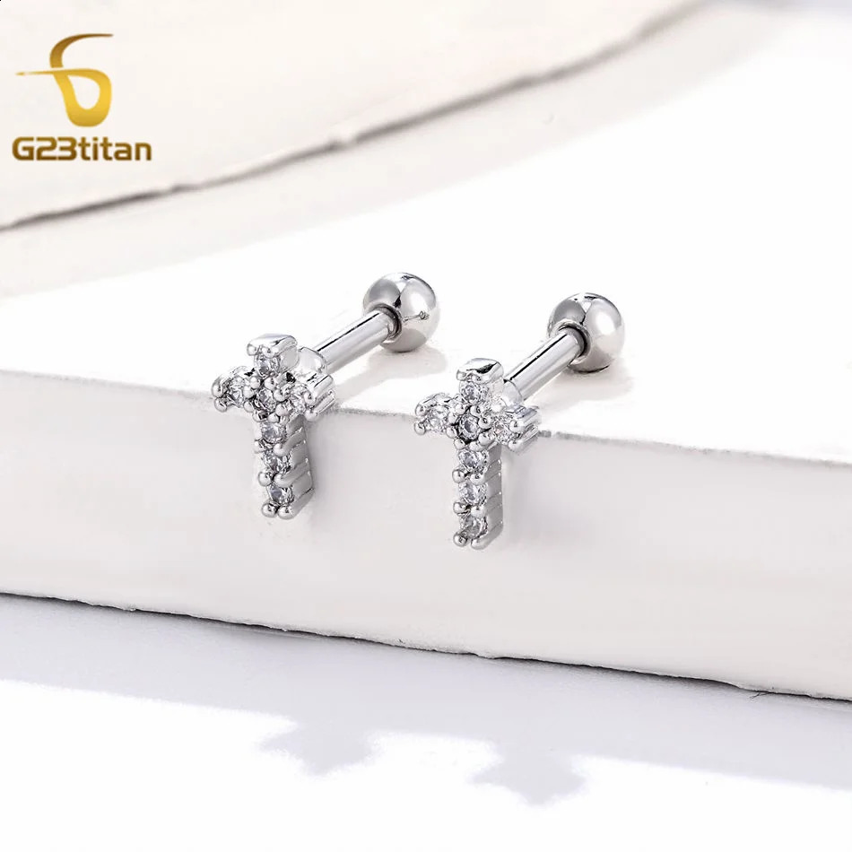 G23titan 1pc Shiny Zircon Gold Silver Color Studs Ear For Women Geometric Cross Earrings Cartilage Tragus Piercing Ear Jewelry 250521
