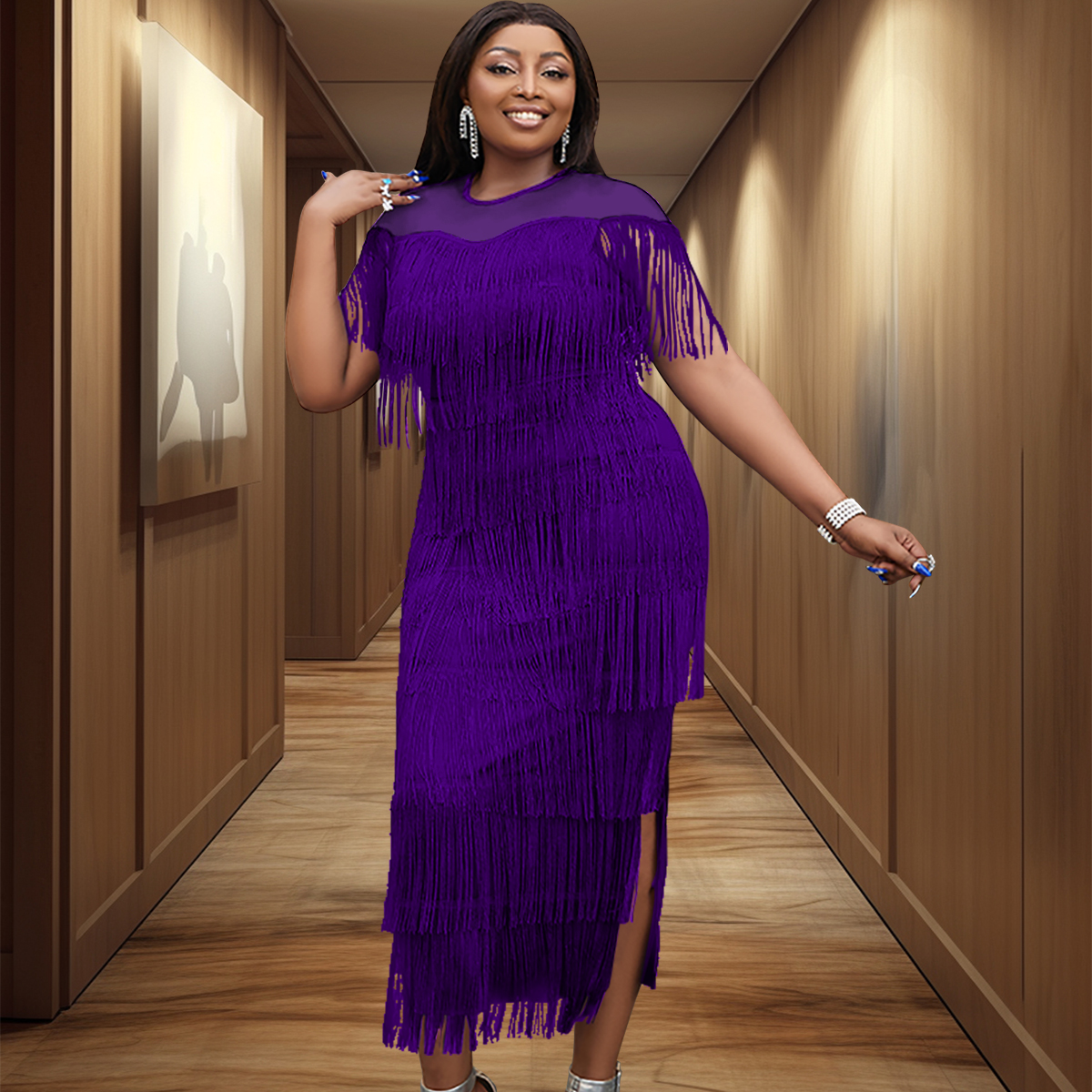 Chic Plus Size Women Peplum Evening Stitching See Through Long Fringes Tulle Dresses Prom Wear AM210516