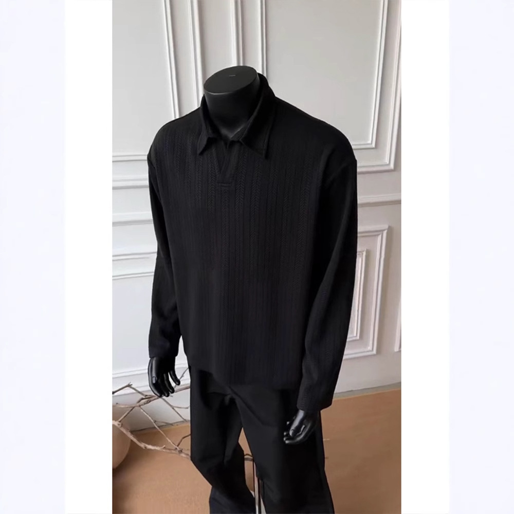 Black cleanfit wheat stripe V-neck sweatshirt for men in spring, autumn, winter, American style shirt long sleeves and lazy style, paired with Polo in