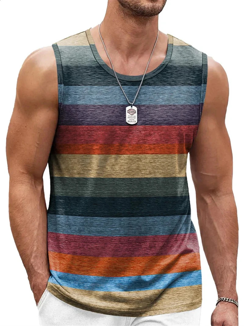 Retro Striped Graphic Tank Tops For Men Fashion Casual Summer Sleeveless 3D Printed Vest Loose Crew Neck Quick Dry Sports Tees 250519