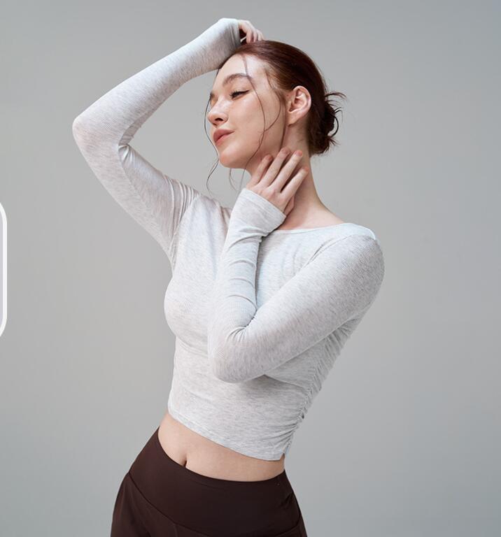 Side Waist Elastic Wrinkle Sports Long Sleeve Yoga Outfits Tops Slim Skin Nude Feeling Solid Color Casual Suit Shirt Gym Clothes Women