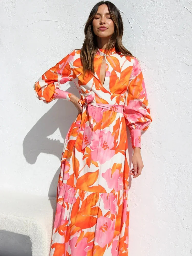 Summer Fashion Womens Elegant Temperament Dress Round Neck Long Sleeve Bohemian Printed A-line Large Swing Long Dress 250519CJ