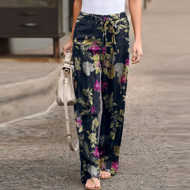 Vintage Women Drawstring Trousers Spring Autumn Fashion Floral Printed Wide Leg Pants Ladies Casual Loose Long Pantalones 250522Z