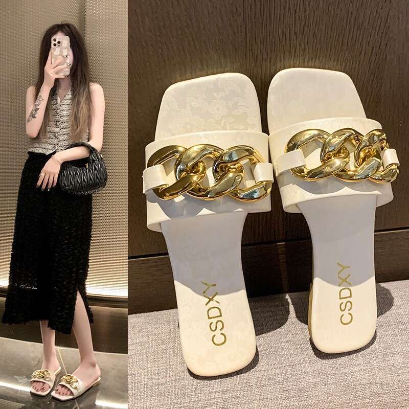 2025 Summer Metal Chain Casual One Word Cool Slippers 35-42 Large Flat Bottom Outdoor Casual Slippers Fashion Designer Sandals