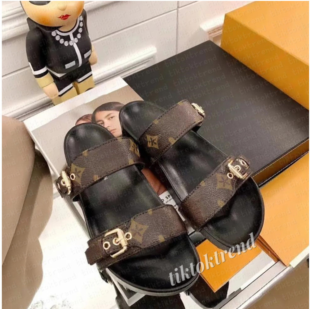 Women mens Designer sliders bom dia flat Mule COMFORT Sandal Luxury Slipper Leather shoe Floral denim Slide brown Summer Rubber Beach Shoes travel sandale 35-45 02