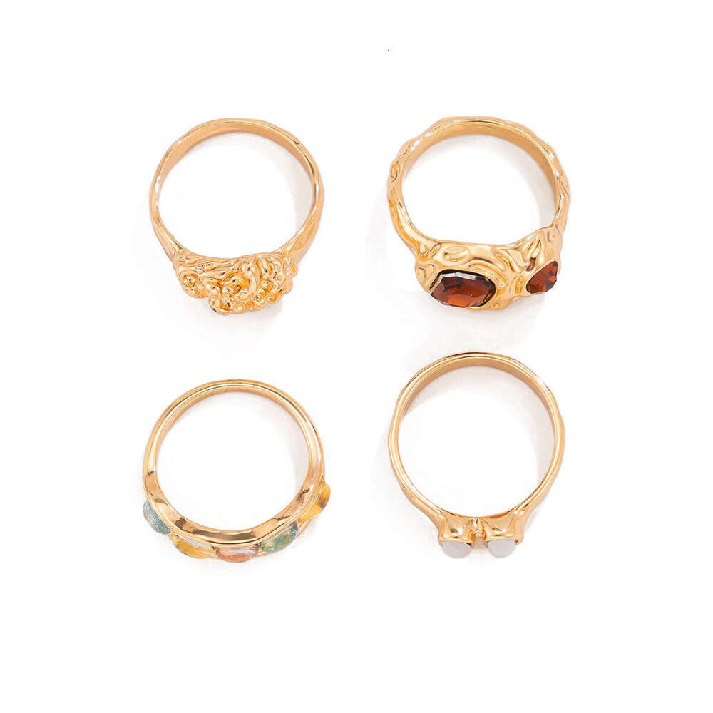 European and American New Women's Trendy Retro Set: Street Style Geometric Hollow Rhinestone Inlaid Ring Combinations