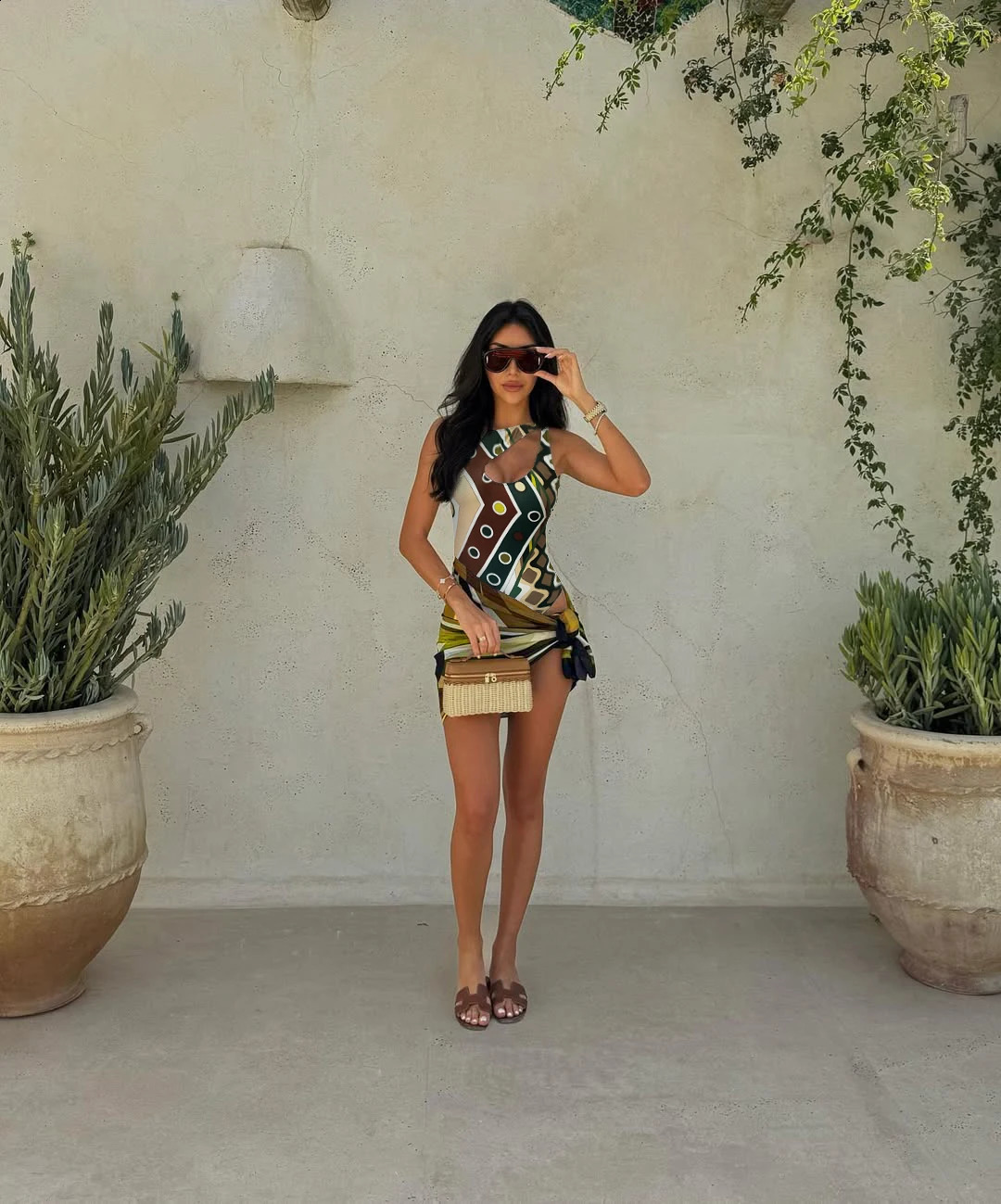 2025 Womens Hollow Out One-piece Swimsuits And Skirt Geometry Print Sexy Bikini Fashion Beach Bathing Suit 250521