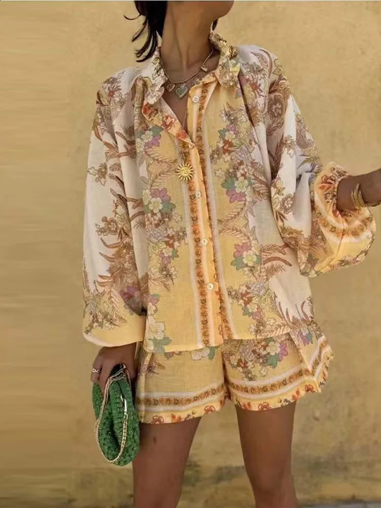 Women Printed Shirt Short Skirt 2 Piece Sets Full Sleeved Button Up Loose Top Lace Up Mini Skirts Summer Vacation Casual Suits 250519