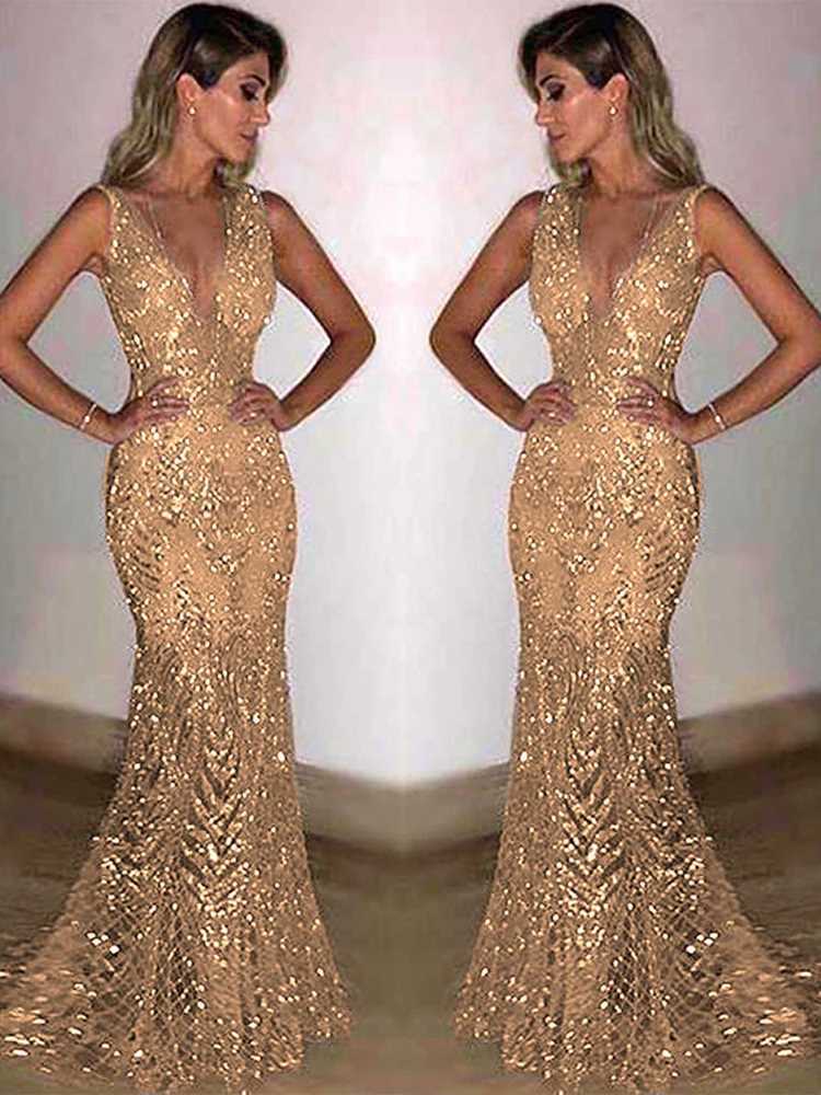 Shiny Sequin V Neck Maxi Dresses Women Elegant Slimming Backless Short Sleeved Long Dress Lady Gold Silver Party Evening Robes M250522
