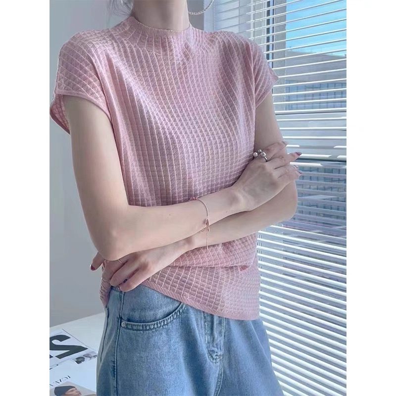 Short Sleeve Half High Neck Knit Bottom Shirt Thin Inner Tops
