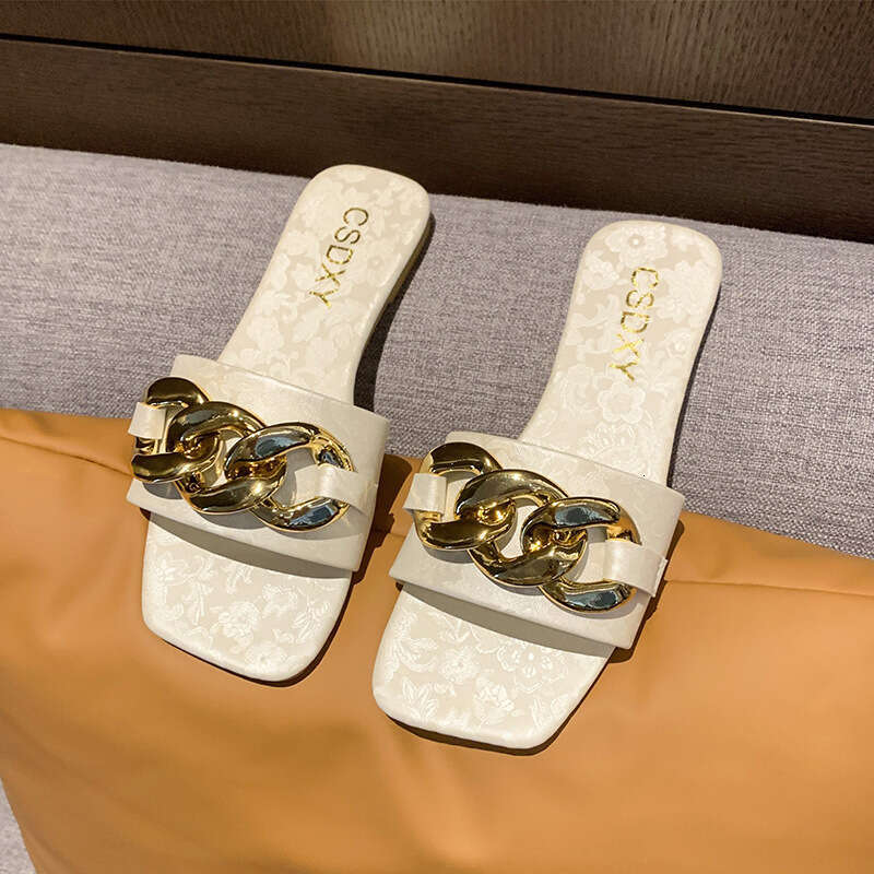 2025 Summer Metal Chain Casual One Word Cool Slippers 35-42 Large Flat Bottom Outdoor Casual Slippers Fashion Designer Sandals