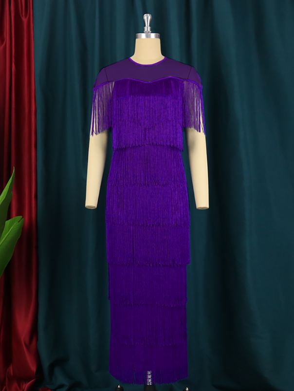 Chic Plus Size Women Peplum Evening Stitching See Through Long Fringes Tulle Dresses Prom Wear AM210516