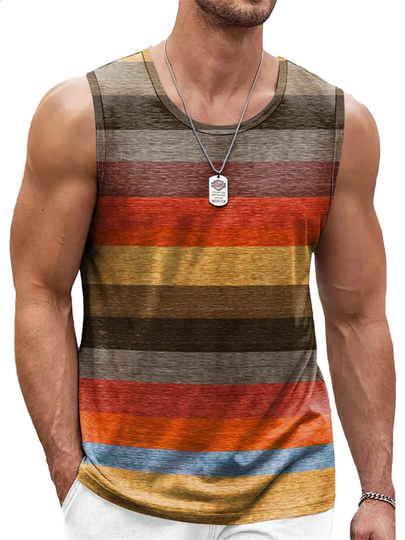 Retro Striped Graphic Tank Tops For Men Fashion Casual Summer Sleeveless 3D Printed Vest Loose Crew Neck Quick Dry Sports Tees 250519