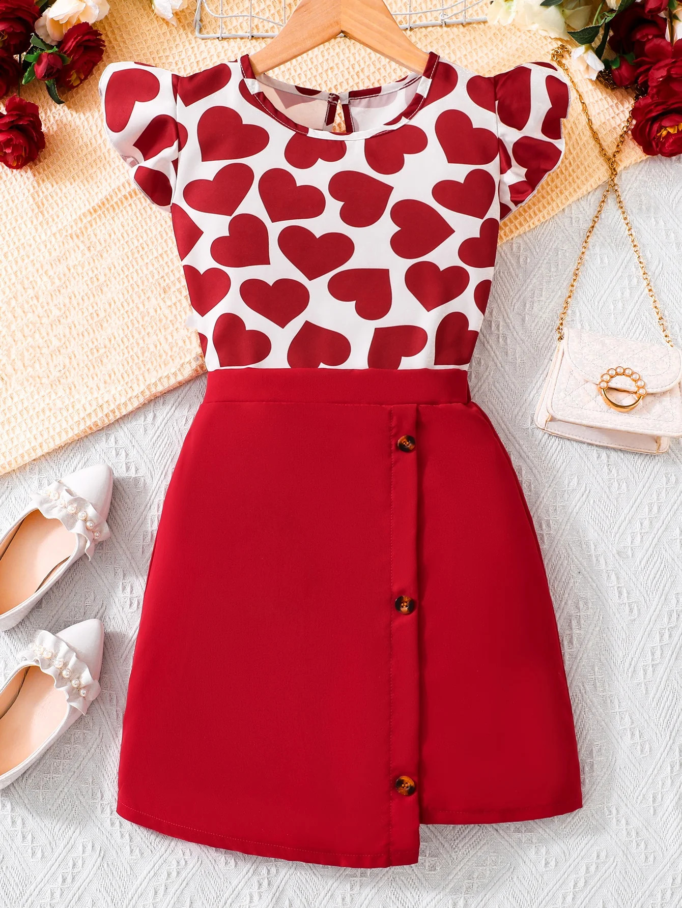 Summer Sweet Beauty Retro Hong Kong Style Red Top Half Skirt Two Piece Set 250517z