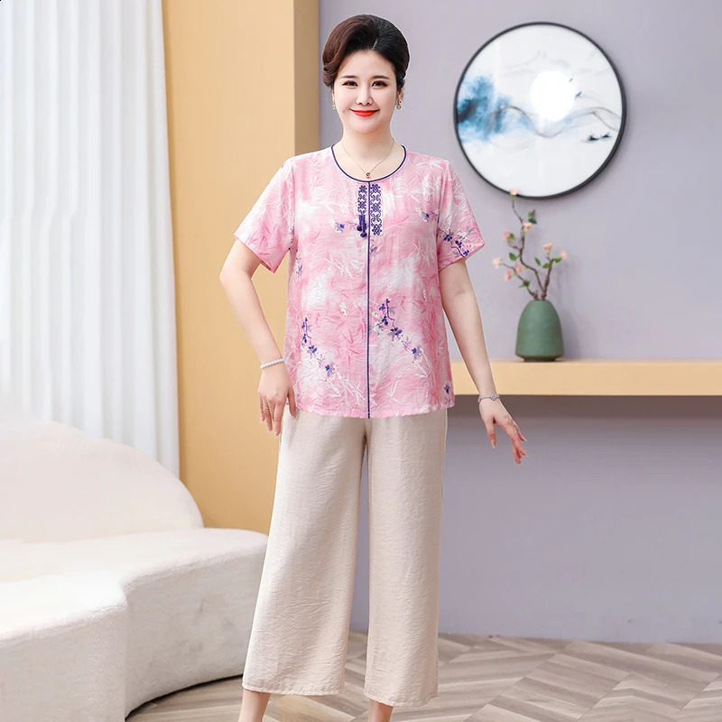 Floral Serenity Collection LinenCotton Lounge Set Versatile Natural Aesthetic Work Resort Plus Size 2025 Summer Loose Suit 250516Z