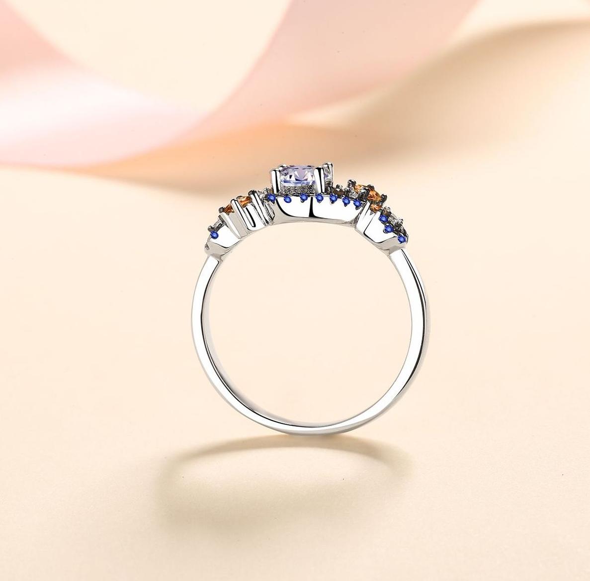 925 Sterling Silver Moissanite Ring with Colorful Blue and Orange Gemstones - Elegant Design, 0.5ct Main Stone