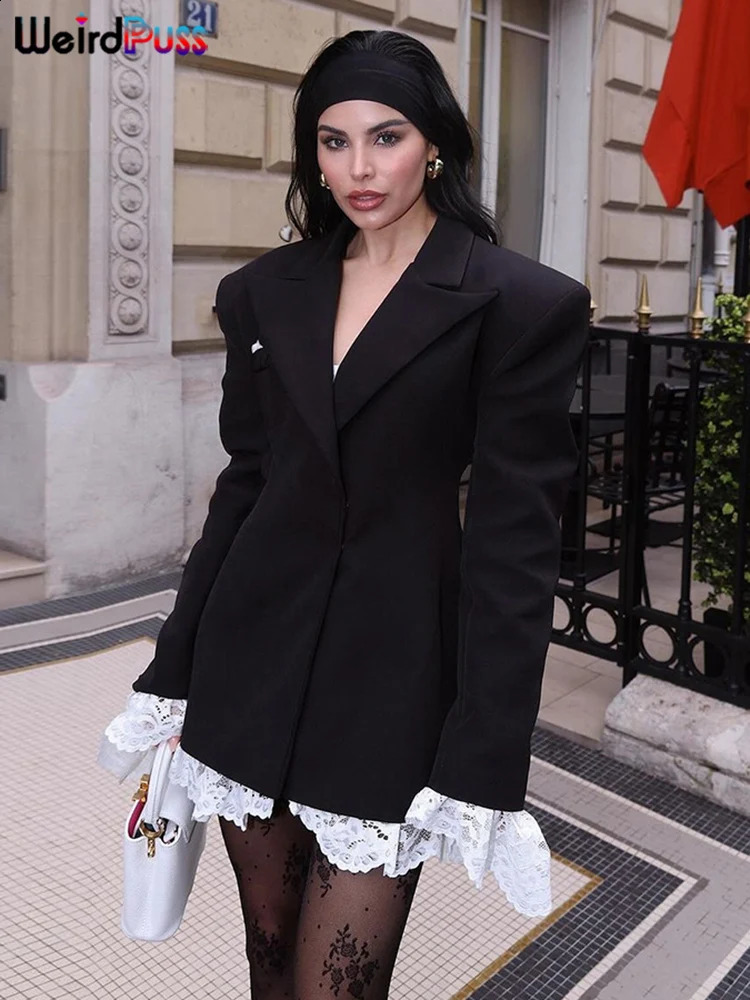 Weird Puss Lace Hem Blazers Dress Women v-Neck Full Sleeve Autumn Trend Pocket Office Streetwear Elegant Simple Mini Bodycon 250517