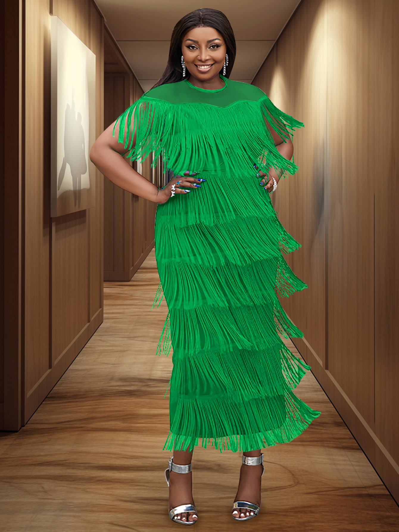 Chic Plus Size Women Peplum Evening Stitching See Through Long Fringes Tulle Dresses Prom Wear AM210516