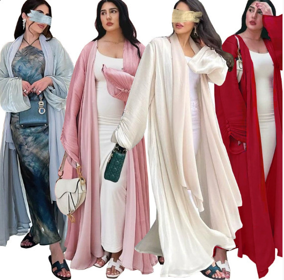 Elegant Muslim Fashion Dubai Women Shiny Satin Open Kimono Abaya Saudi Moroccan Kaftan Elegant Party Clothing Turkish Arab Robes 240821