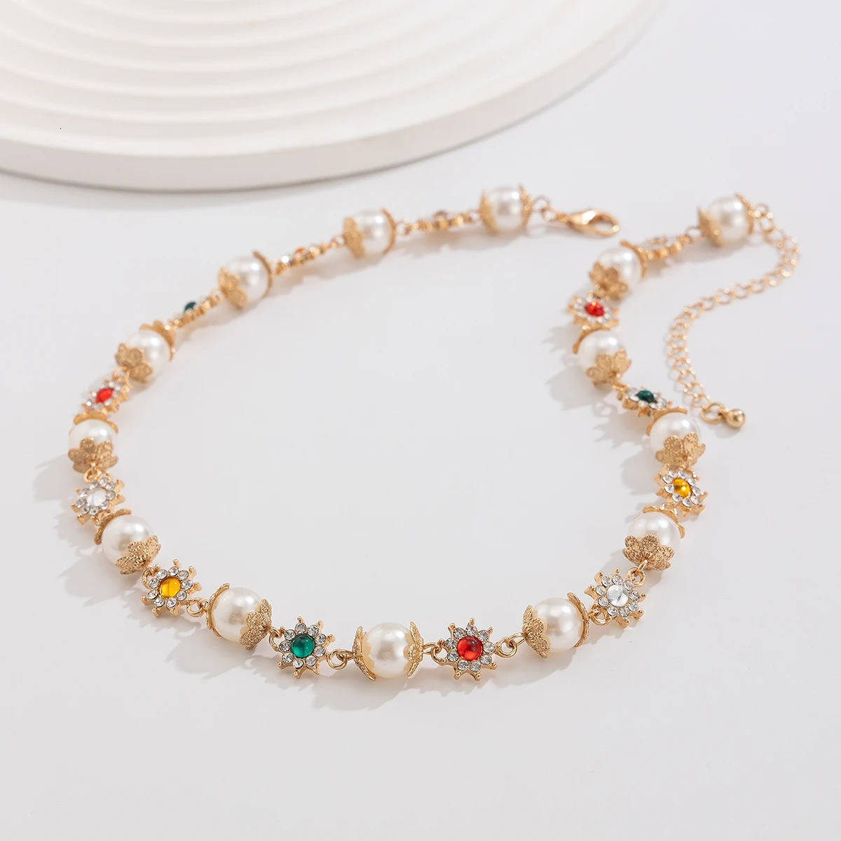 IngeSight.Z Trendy Pearl Rhinestone Flower Beads Choker Necklace Women Elegant Bridal Wedding Party Jewelry 250519